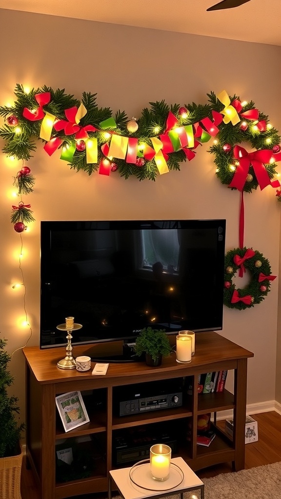 A festive TV area decorated for Christmas with a paper garland, string lights, and a wreath.